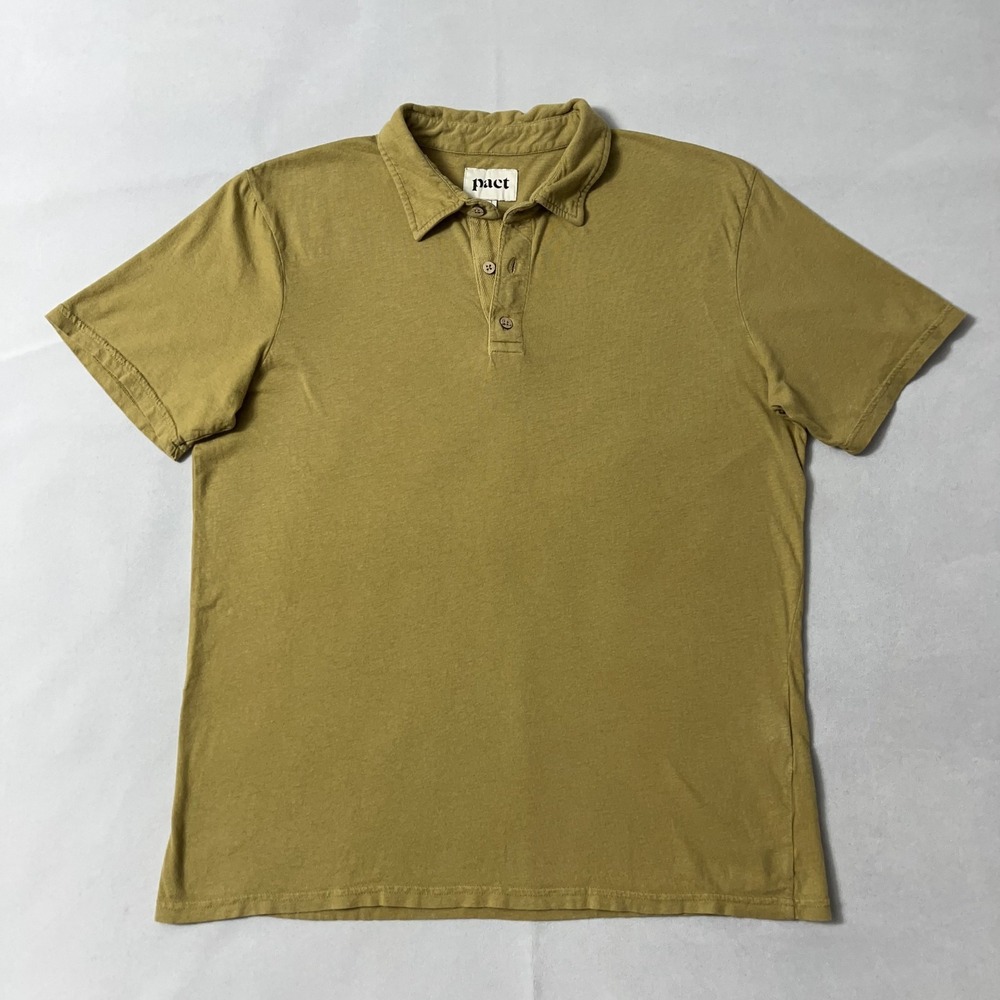Pact Polo Shirt Men Medium Mustard Brown Organic Cotton Linen Blend